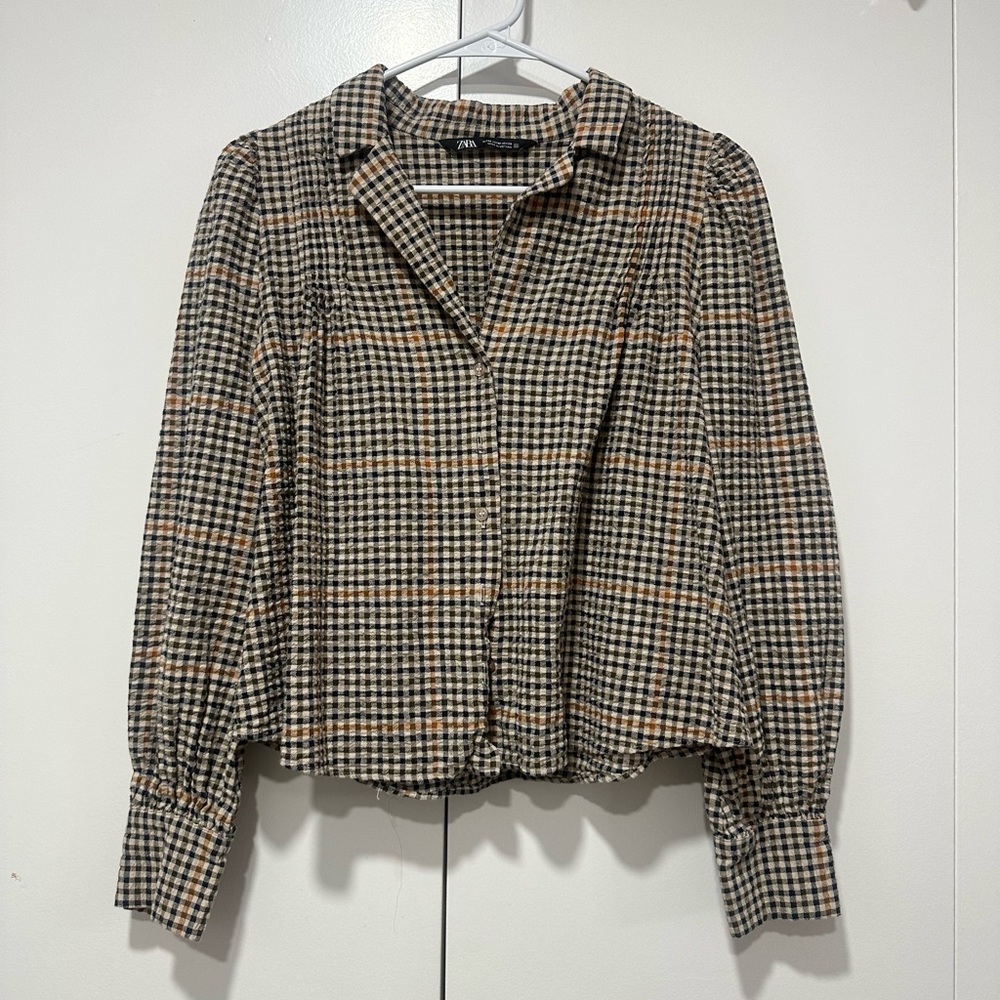Zara Women's Tan and Black Checkered Button Down Shirt
